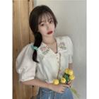Flower Embroidered Lace Trim Short-sleeve Blouse As Shown In Figure - One Size