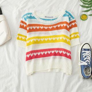 Heart Print Short-sleeve Cropped Knit Top
