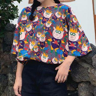 Piggy Print Elbow-sleeve T-shirt