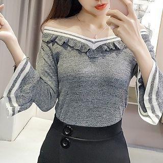 Striped Frill Trim Off Shoulder 3/4 Sleeve Knit Top