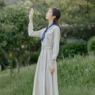 Flap-pocket Tie-waist Midi A-line Dress