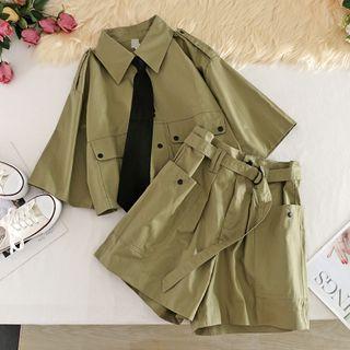 Set : Cargo Short-sleeve Shirt + Wide Leg Shorts