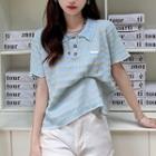 Short-sleeve Polo Collar Striped Knit Top