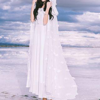 Set: Hooded Maxi Light Cape + Spaghetti Strap Midi A-line Dress