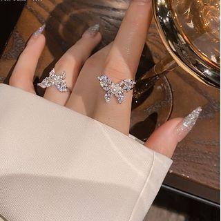 Rhinestone Butterfly Ring 1 Pc - Rhinestone Butterfly Ring - Silver - One Size