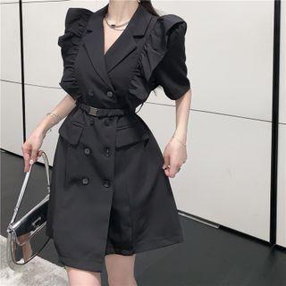 Short-sleeve Double-breasted Frill Trim Mini A-line Dress