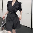 Short-sleeve Double-breasted Frill Trim Mini A-line Dress