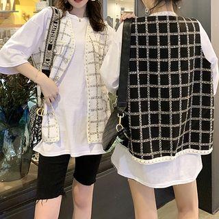 Set: Plaid Vest + Short-sleeve Plain Top