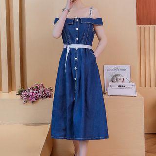 Off Shoulder Short-sleeve Denim Midi A-line Dress