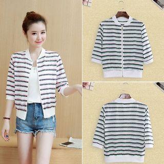 Striped Elbow-sleeve Bomber Jacket