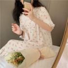 Bell-sleeve Floral Print Sleep Dress Pink Flowers - White - One Size