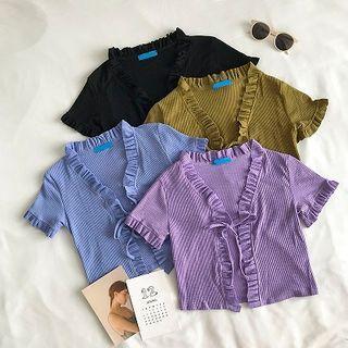 Plain Lace-up Ruffled-trim Short-sleeve Knit Cardigan