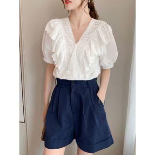 Eyelet Ruffle Trim V-neck Short-sleeve Blouse