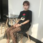 Set: Print Long Short-sleeve T-shirt + Lace Skirt