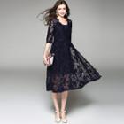 Short-sleeve Embroidery Tulle Midi Dress With Slipdress