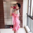 Cold-shoulder Bow Ruffle Hem Mini Bodycon Dress