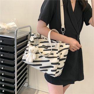 Zebra Print Tote Bag With Bear Charm - Black Strap - White - One Size