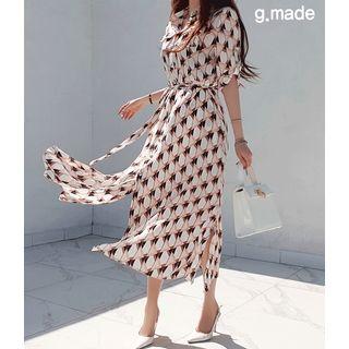 Patterned Shirtdress With Sash Pink - One Size