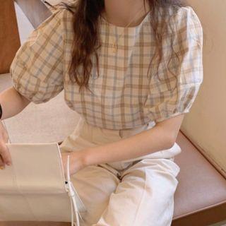 Plaid Puff-sleeve Round-neck Short-sleeve Shirt