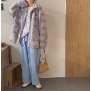 Long-sleeve Plaid Zip Jacket / Plain Corduroy Pants