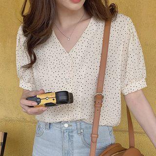 Short-sleeve Dotted Buttoned Blouse