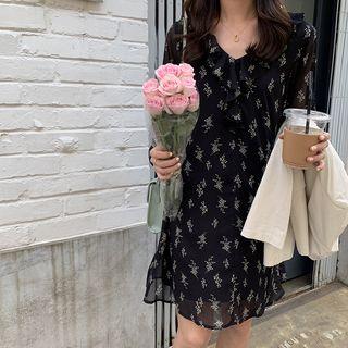 Floral Long-sleeve Chiffon Dress Black - One Size