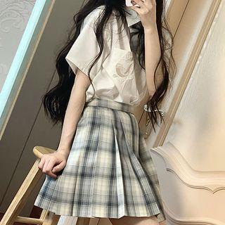 Shirt With Bowtie / Plaid Mini A-line Skirt / Set