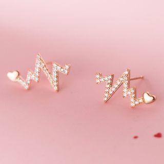 925 Sterling Silver Rhinestone Heartbeat Earring 1 Pair - Gold - One Size