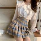 Ruffle Blouse / Plaid Mini A-line Pleated Skirt
