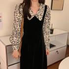 Velvet Long-sleeve Peter Pan Collar Leopard Print Panel Slit Dress Black & White - One Size