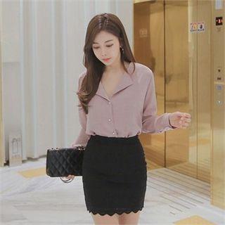 Long-sleeve Faux-pearl Button Blouse