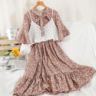 Set: Short-sleeve Floral Print Midi A-line Dress + Spaghetti Strap Knit Top