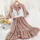 Set: Short-sleeve Floral Print Midi A-line Dress + Spaghetti Strap Knit Top