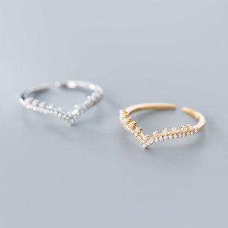 925 Sterling Silver Rhinestone V Shape Open Ring