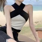 Two-tone Cross Strap Knit Halter Top Black & White - One Size
