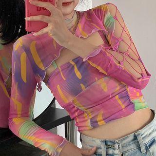 Set: Print Camisole Top + Long-sleeve Shrug Set Of 2 - Camisole Top & Shrug - Red & Purple & Green - One Size