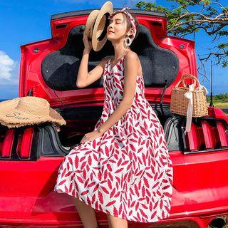 Spaghetti Strap Leaf Printed A-line Dress