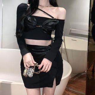 Long-sleeve Off-shoulder Crop Top / Slit Mini Pencil Skirt