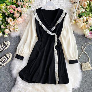 Ruffled Chiffon Long Sleeve V-neck Dress