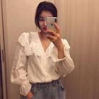Long-sleeve Perforated Ruffled Top White - One Size