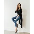 Set: Open-front Ribbed Long Cardigan + Lace-up Camisole