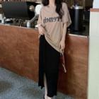 Slit Maxi Pencil Skirt / Elbow-sleeve Lettering T-shirt