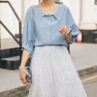 Elbow-sleeve Plain Shirt Blue - One Size