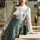 Set: Bow Accent Lace Blouse + Plaid Suspender Skirt