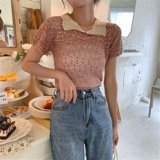 Short-sleeve Collared Pointelle Knit Top As Shown In Figure - One Size