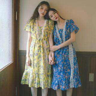 Floral Lace Trim Short-sleeve A-line Dress