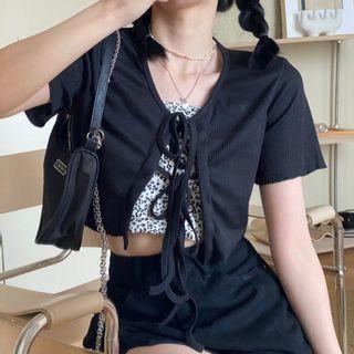 Set: Short-sleeve Tied Top + Leopard Print Camisole Top