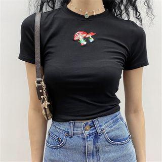 Mushroom-embroidered Crop T-shirt