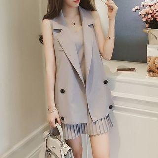 Set: Strappy A-line Dress + Double Breasted Vest