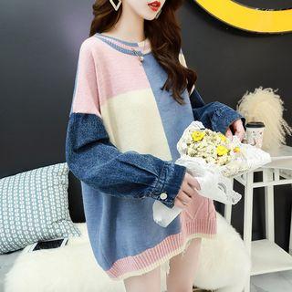 Denim-sleeve Color Block Sweater